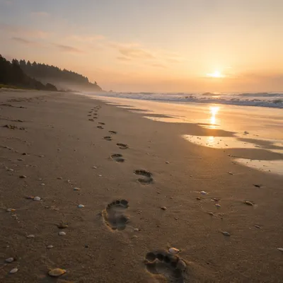 Footprints in Sand at Peaceful Sunrise