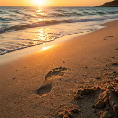 Footprints in Wet Sand at Sunrise