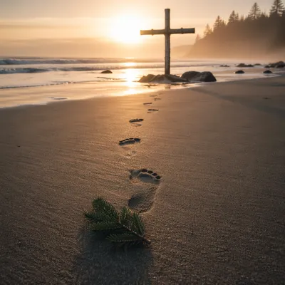 Footprints Leading to Driftwood Cross at Sunrise