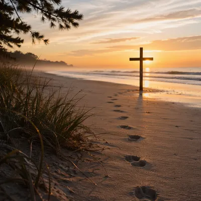 Footprints Leading to Cross at Sunrise