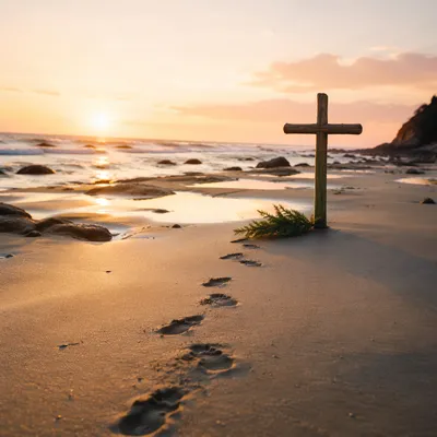 Footprints Leading to Driftwood Cross at Sunrise