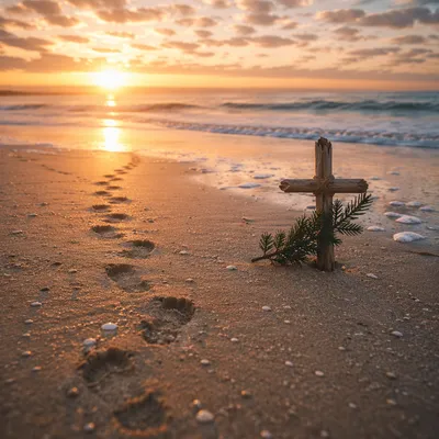 Footprints Toward Sunrise with Driftwood Cross