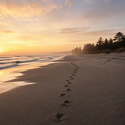 Footprints Along Sunrise Beach With Evergreens