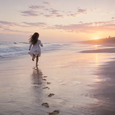 Footprints on Sunrise Shoreline with Child