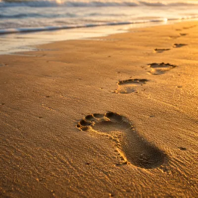 Footprints in Golden Sand at Sunrise