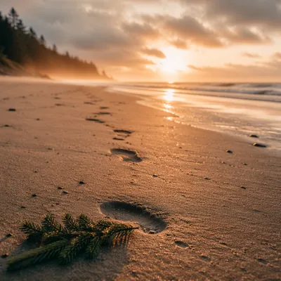 Evergreen Sprig Beside Sunrise Beach Footprints