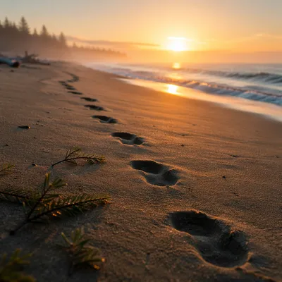 Footprints on Sunrise Beach with Evergreen Hope