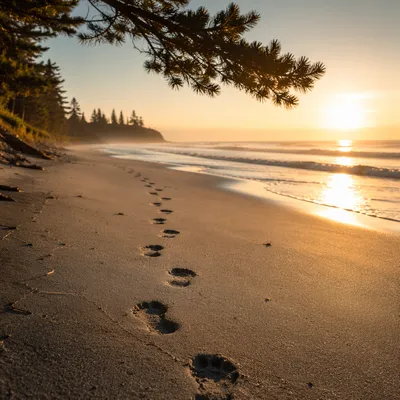 Footprints Toward a Peaceful Beach Sunrise