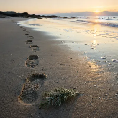 Footprints Toward Sunrise on Quiet Beach