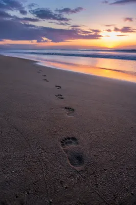 Footprints in Sand at Sunrise Shore