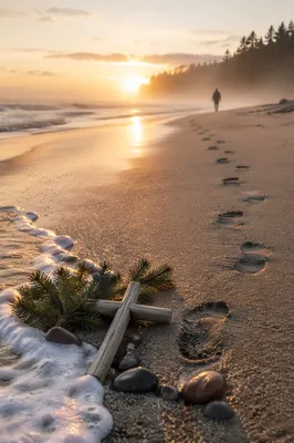 Footprints Toward Sunrise with Driftwood Cross