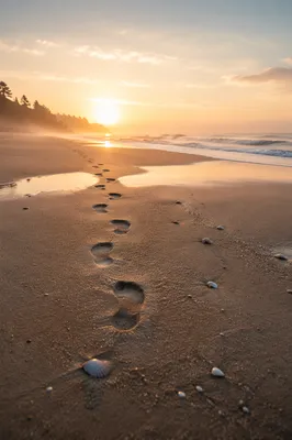 Footprints in Sand at Peaceful Beach Sunrise
