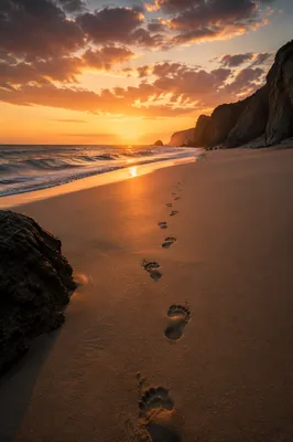 Footprints on Sandy Beach at Sunrise