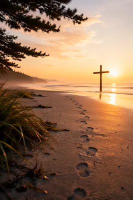 Footprints to Cross at Beach Sunrise