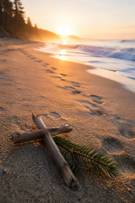 Footprints Toward Sunrise With Driftwood Cross