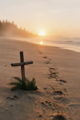Footprints Toward Sunrise With Driftwood Cross