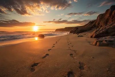 Footprints Leading Toward Sunrise Beach Horizon