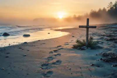 Footprints Leading to Driftwood Cross at Sunrise