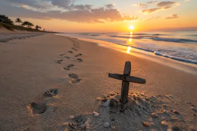 Footprints and Driftwood Cross at Sunrise Beach