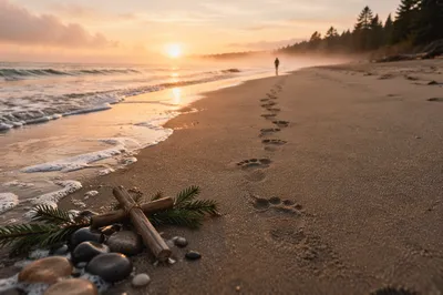 Footprints Toward Sunrise with Driftwood Cross