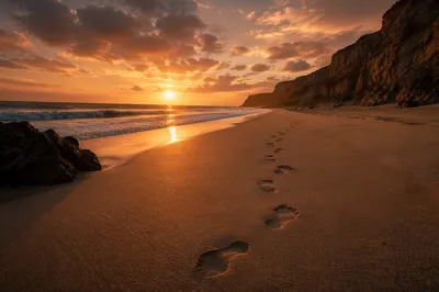 Footprints in Sand at Beach Sunrise