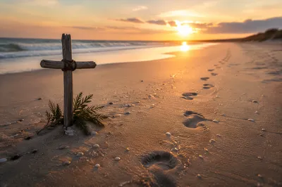 Footprints Toward Sunrise Beside Driftwood Cross