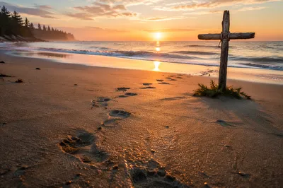 Footprints Toward Cross at Beach Sunrise