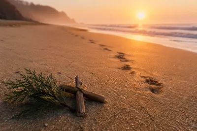 Footprints Toward Sunrise with Evergreen Cross
