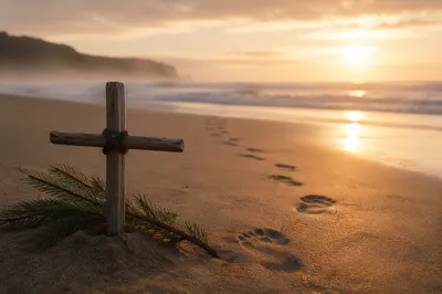 Footprints to Sunrise with Driftwood Cross