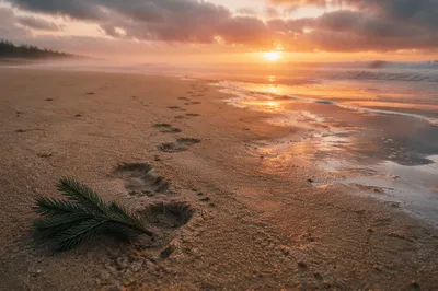 Footprints Toward Sunrise with Evergreen Sprig