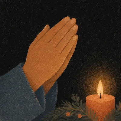 Candlelit Praying Hands with Evergreen Sprigs
