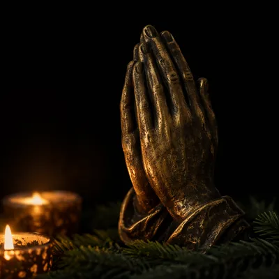 Candlelit Bronze Praying Hands with Evergreen