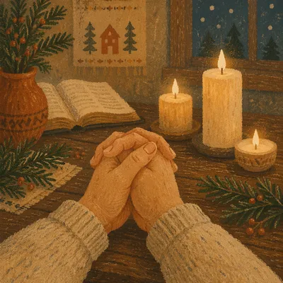 Candlelit Prayer Hands with Evergreen Sprigs