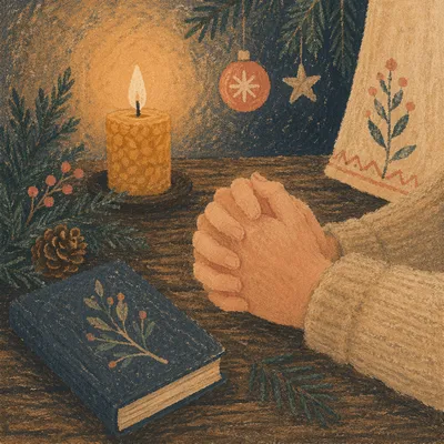 Candlelit Prayer Hands with Evergreen Sprigs