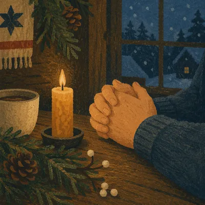 Candlelit Prayer Hands with Evergreen Sprigs