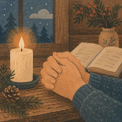 Prayer Hands by Candlelit Evergreen Table