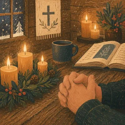 Candlelit Prayer Hands with Evergreen Wreath