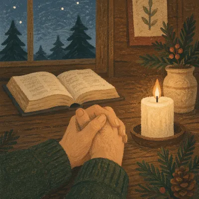 Candlelit Prayer Hands with Evergreen Sprigs