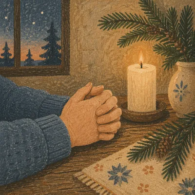 Folded Prayer Hands by Evergreen Candlelight