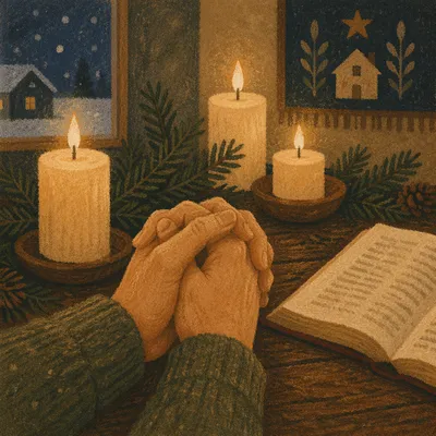 Candlelit Prayer Hands with Evergreen Sprigs