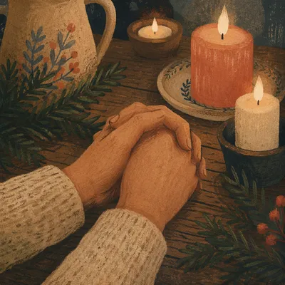 Prayerful Hands by Candlelit Evergreen Table