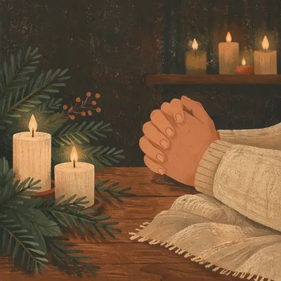 Folded Prayer Hands by Evergreen Candlelight