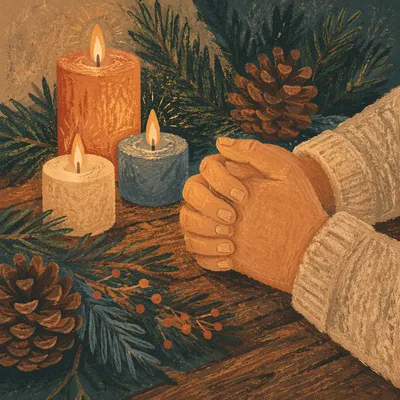 Prayerful Hands by Candlelight with Evergreen