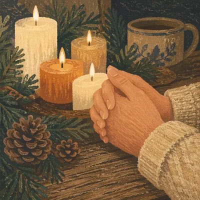 Folded Prayer Hands by Candlelight Evergreen