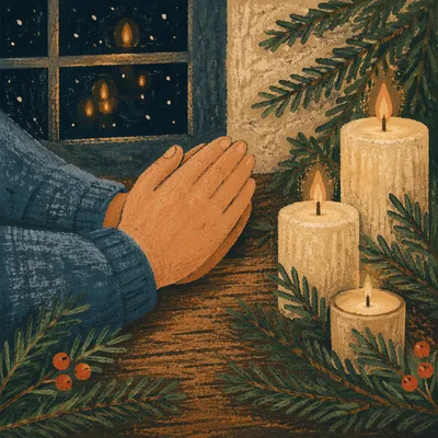 Candlelit Prayer Hands with Evergreen Sprigs