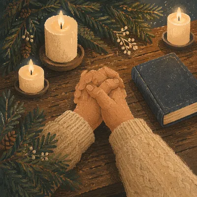 Candlelit Prayer Hands with Evergreen Sprigs