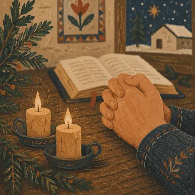 Candlelit Prayer Hands with Evergreen Sprigs