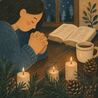 Candlelit Prayer Hands with Evergreen Devotion