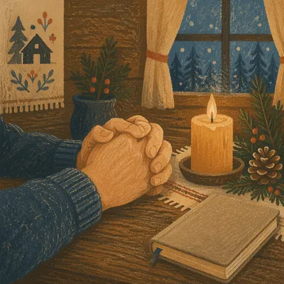 Candlelit Prayer Hands with Evergreen Sprigs