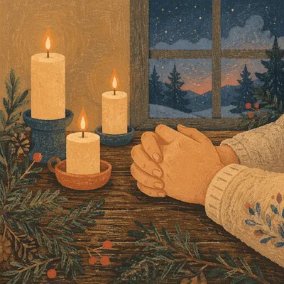 Candlelit Prayer Hands with Evergreen Sprigs